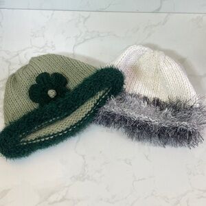 Set of Two handmade Knit Women's Winter Sock Hat Style Green White Floral Warm